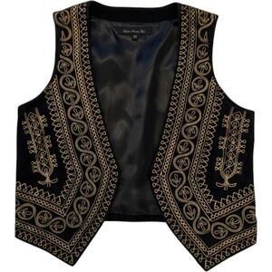 Heart Moon Star Black Gold Soutache Embroidered Cropped Vest Bolero XS‎